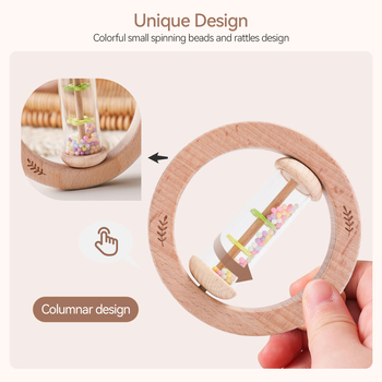 Fából készült csörgő babáknak 0–3 éveseknek, harapófogóval és esőhangot adó csővel