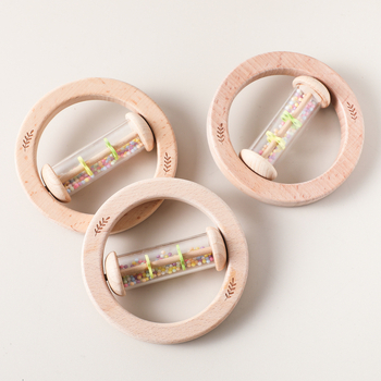 Fából készült csörgő babáknak 0–3 éveseknek, harapófogóval és esőhangot adó csővel