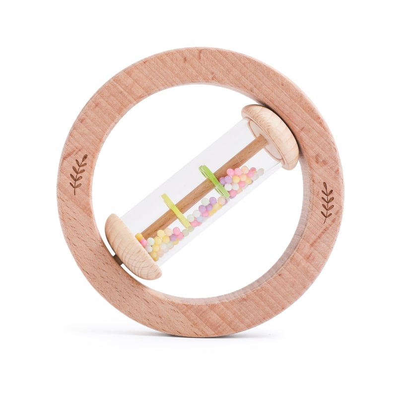 Fából készült csörgő babáknak 0–3 éveseknek, harapófogóval és esőhangot adó csővel