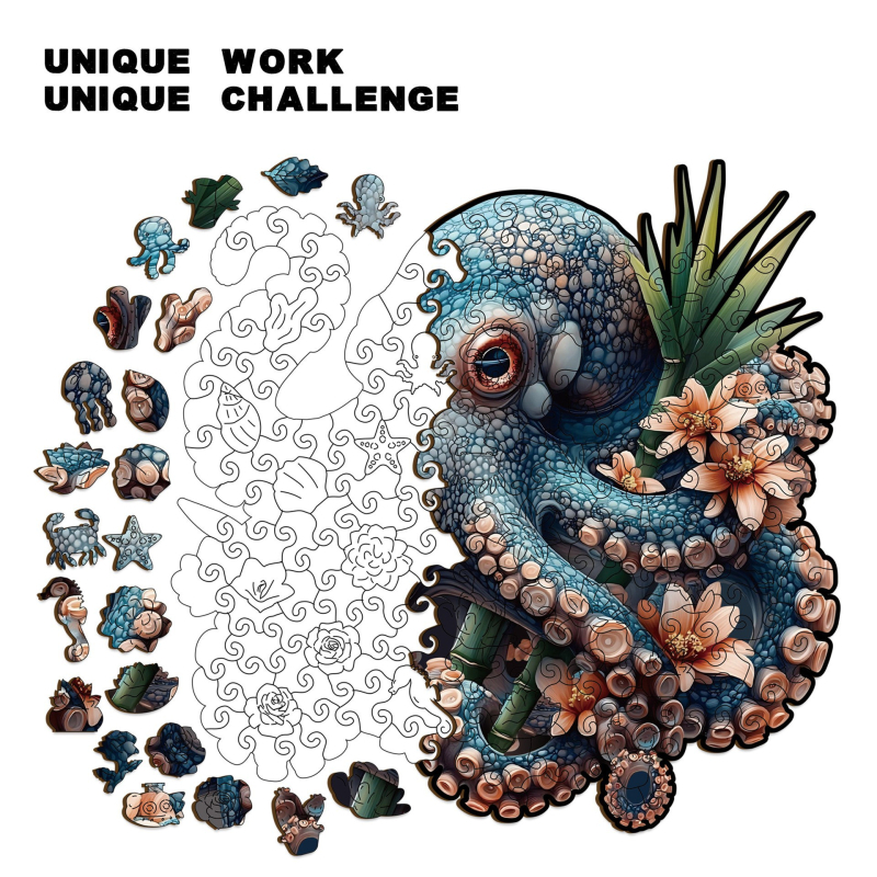 Drveni puzzle u obliku hobotnice, plosnati puzzle visoke težine, višenamjenski, pogodan za DIY i prilagodbe.