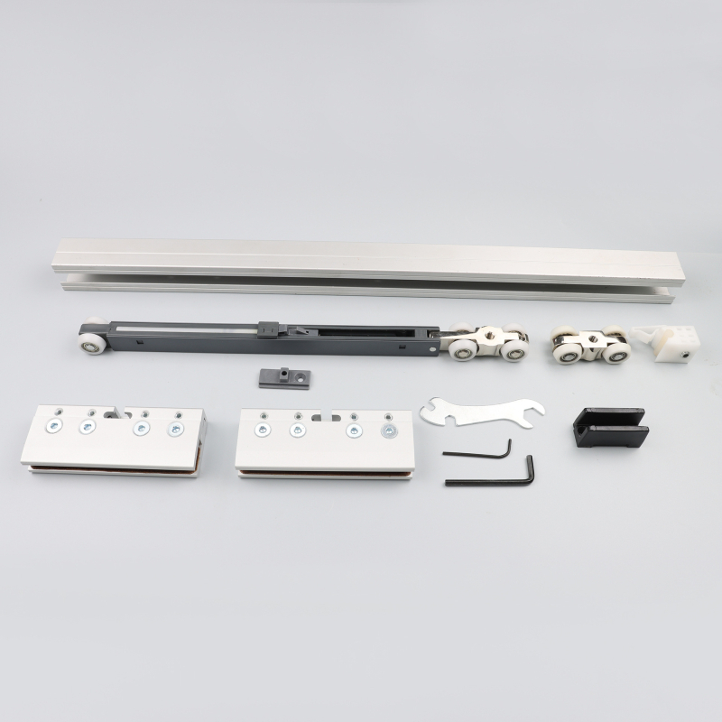 Sistem de role pentru ușă glisantă din sticlă, amortizare hidraulică, model Al0590, construcție din aluminiu + plastic, sarcină maximă 80 kg, stil modern minimalist