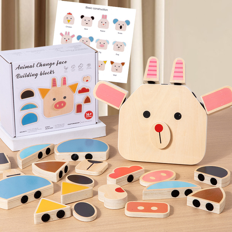 Puzzle 3D din lemn cu animale care își schimbă fețele, pentru copii între 4-6 ani, compatibil DIY, produs în Zhejiang