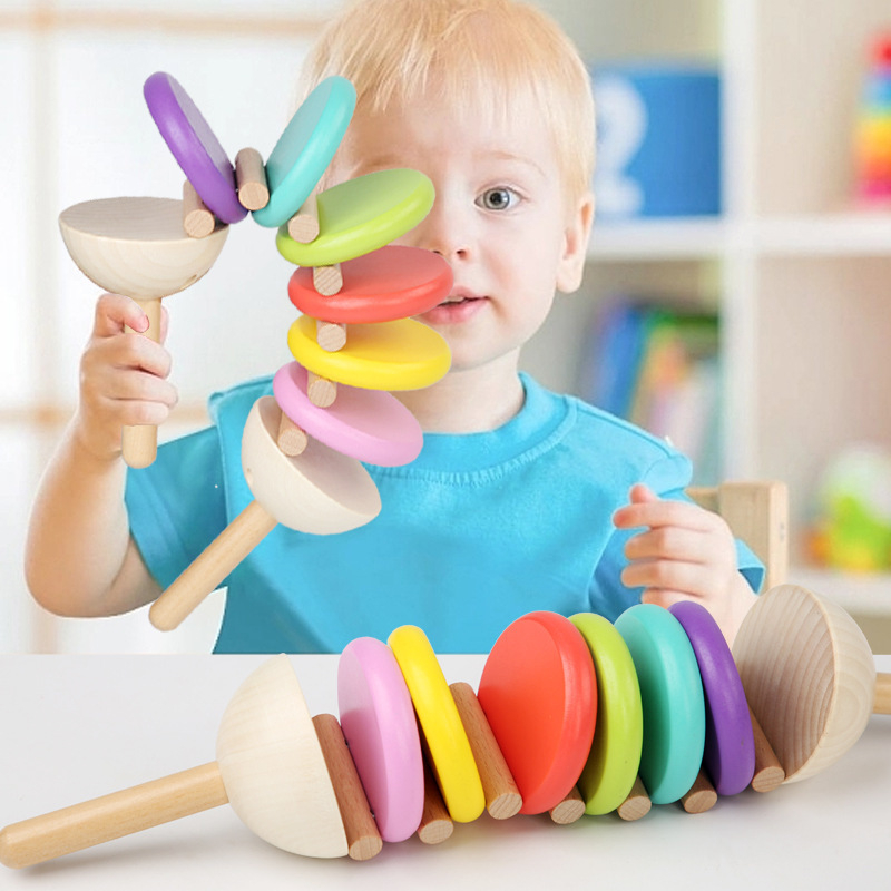 Dreveni dječji udarni instrument — duga u ruci, dvostruka ručka kastanjeta, edukativna igračka ranog odgoja (Materijal: drvo; Značka: Lihang Toys; Kategorija proizvoda: Kastanete; Dobna skupina: 0-3 godina)