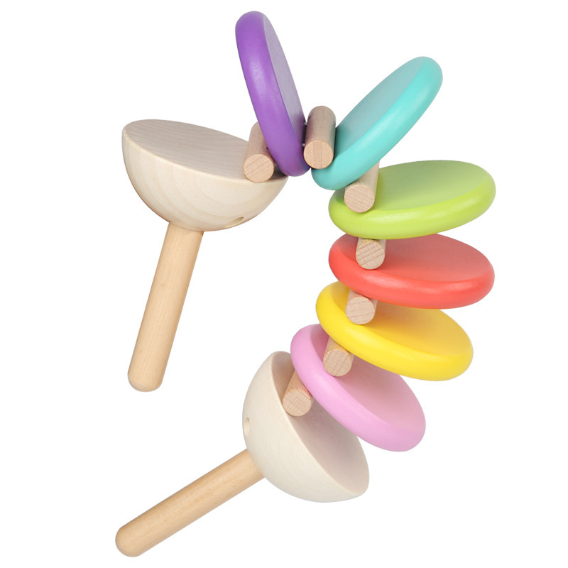 Dreveni dječji udarni instrument — duga u ruci, dvostruka ručka kastanjeta, edukativna igračka ranog odgoja (Materijal: drvo; Značka: Lihang Toys; Kategorija proizvoda: Kastanete; Dobna skupina: 0-3 godina)