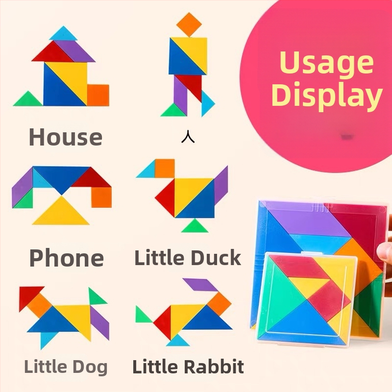 Tangram slagalica za prvi razred — plastično nastavna pomagala za rano matematičko učenje, za djecu 4–6 godina, DIY moguć, pakiranje u bijeloj kutiji