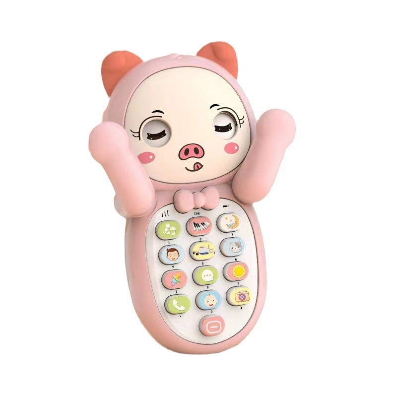 Dječja obrazovna igračka: telefon s likom praščića, glazba i priče, plastična, napajanje baterijama, veličina 14×9.5×5 cm, za djecu od 0 do 3 godine