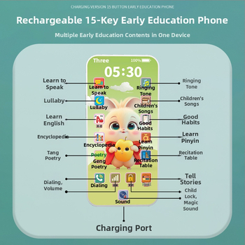 Edukativni dječji telefon — višefunkcionalni uređaj za učenje s funkcijom dodira, plastično kućište, litij baterija; memorija: nema; uzrast 4–6 godina (Materijal: plastika; Napajanje: litij baterija; Funkcija: dodir; Memorija: nema; Starost: 4–6).