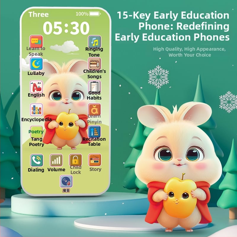 Edukativni dječji telefon — višefunkcionalni uređaj za učenje s funkcijom dodira, plastično kućište, litij baterija; memorija: nema; uzrast 4–6 godina (Materijal: plastika; Napajanje: litij baterija; Funkcija: dodir; Memorija: nema; Starost: 4–6).