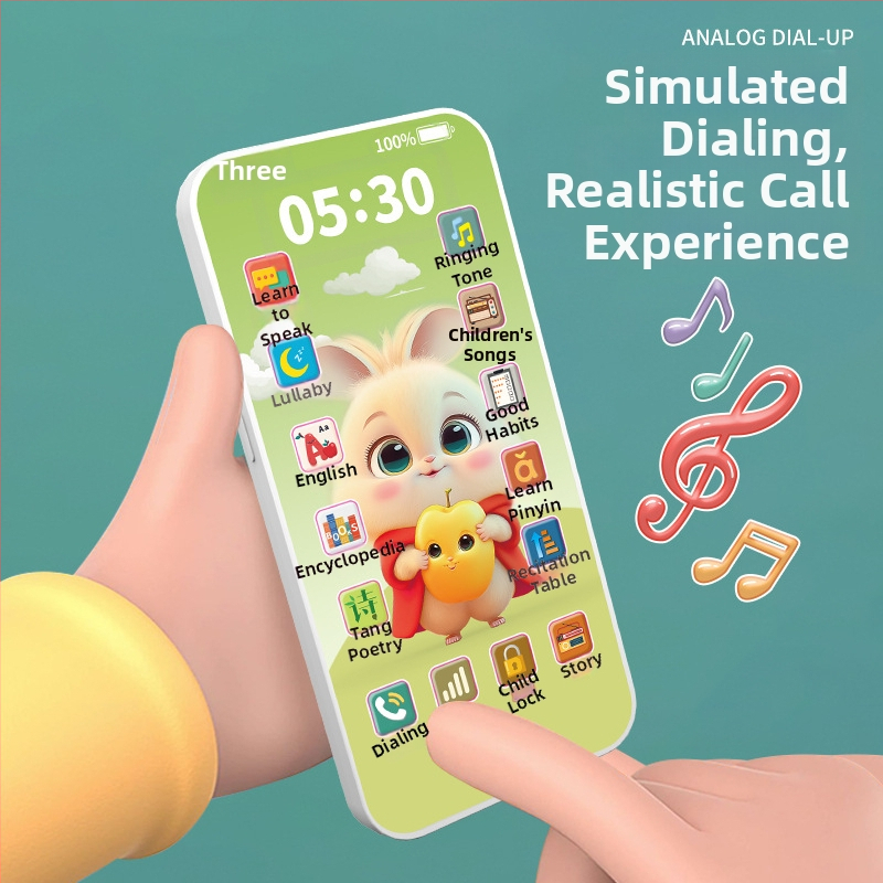 Edukativni dječji telefon — višefunkcionalni uređaj za učenje s funkcijom dodira, plastično kućište, litij baterija; memorija: nema; uzrast 4–6 godina (Materijal: plastika; Napajanje: litij baterija; Funkcija: dodir; Memorija: nema; Starost: 4–6).