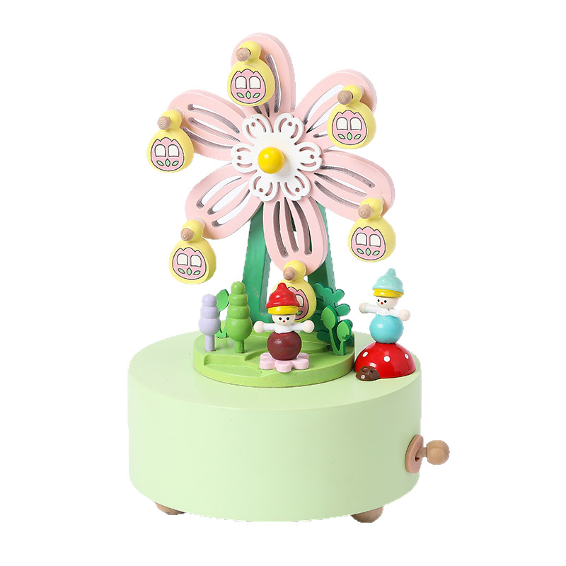 Fából készült zenélő karusszel – bükkfa, kézzel készített, festett, gravírozott, egyszerű és modern stílus