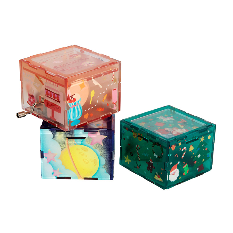 Kézi tekeréses zenei doboz, akril, testreszabható DIY, rajzfilm stílusú, logó nyomtatás elérhető