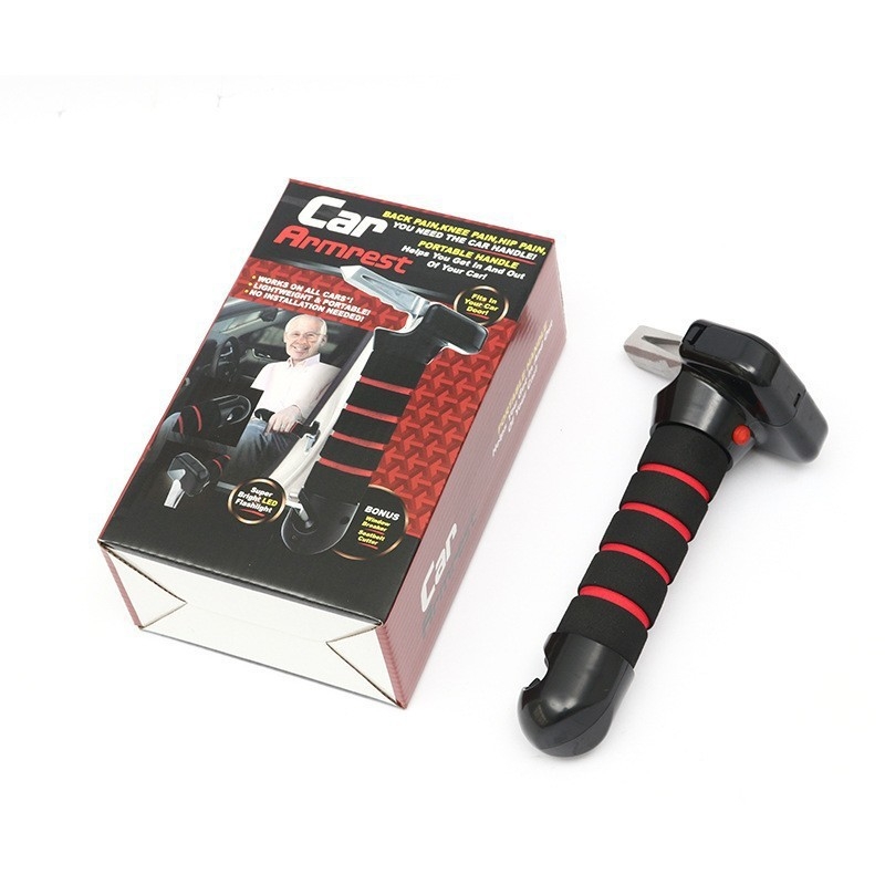 Kemao naslon za vrata automobila s višefunkcionalnim sigurnosnim čekićem – tri u jednom; aluminijsko‑legura + ABS + navlaka od pjene; težina 150 g; pakiranje 60 kom.; mogućnost prilagodbe