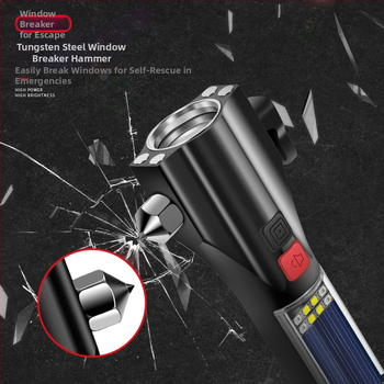 Ciocan auto multifuncțional cu lanternă solară – salvare, spargerea geamului, alarmă • OUDEW • aliaj de aluminiu • Zhejiang • 250 g
