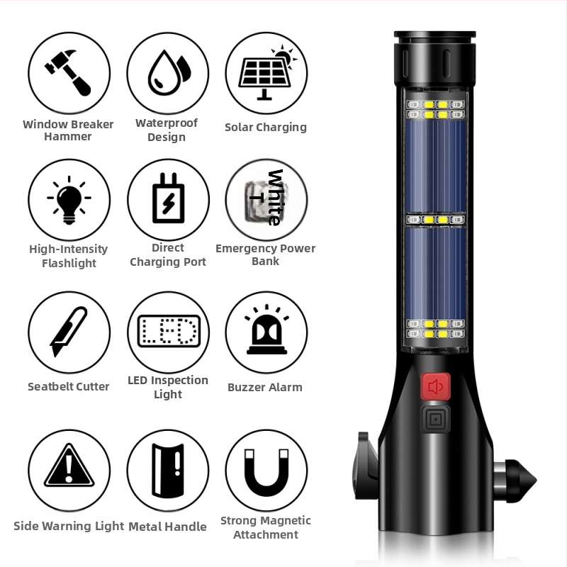 Ciocan auto multifuncțional cu lanternă solară – salvare, spargerea geamului, alarmă • OUDEW • aliaj de aluminiu • Zhejiang • 250 g