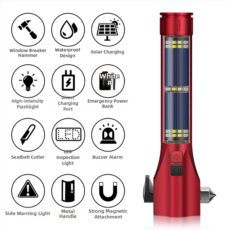 Ciocan auto multifuncțional cu lanternă solară – salvare, spargerea geamului, alarmă • OUDEW • aliaj de aluminiu • Zhejiang • 250 g