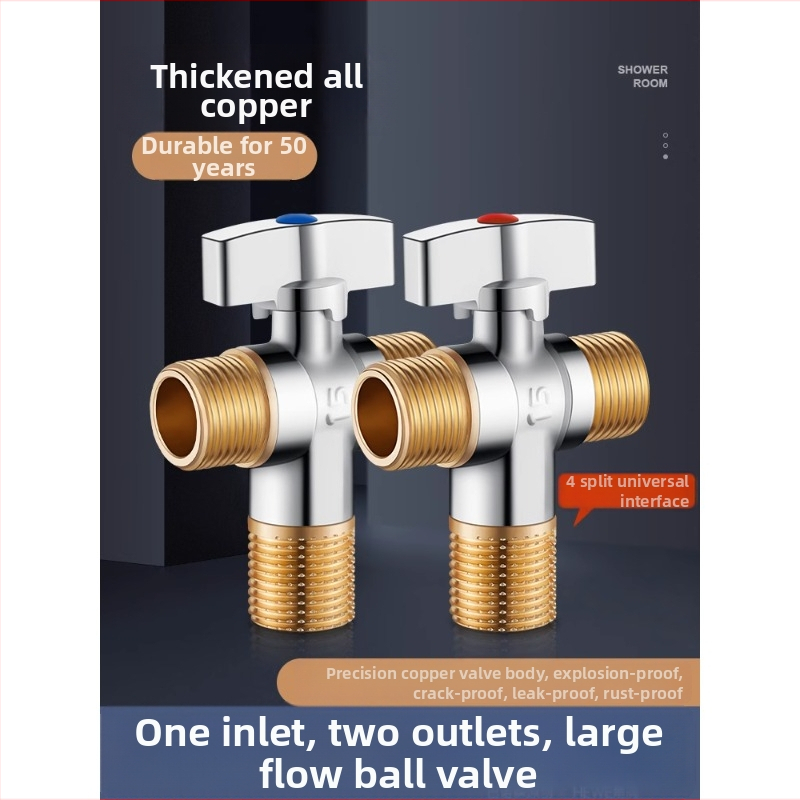 Supapă unghiulară din alamă, debit mare, trei căi, ieșire duală cald/rece, intrare 1 ieșire 2, certificat CE