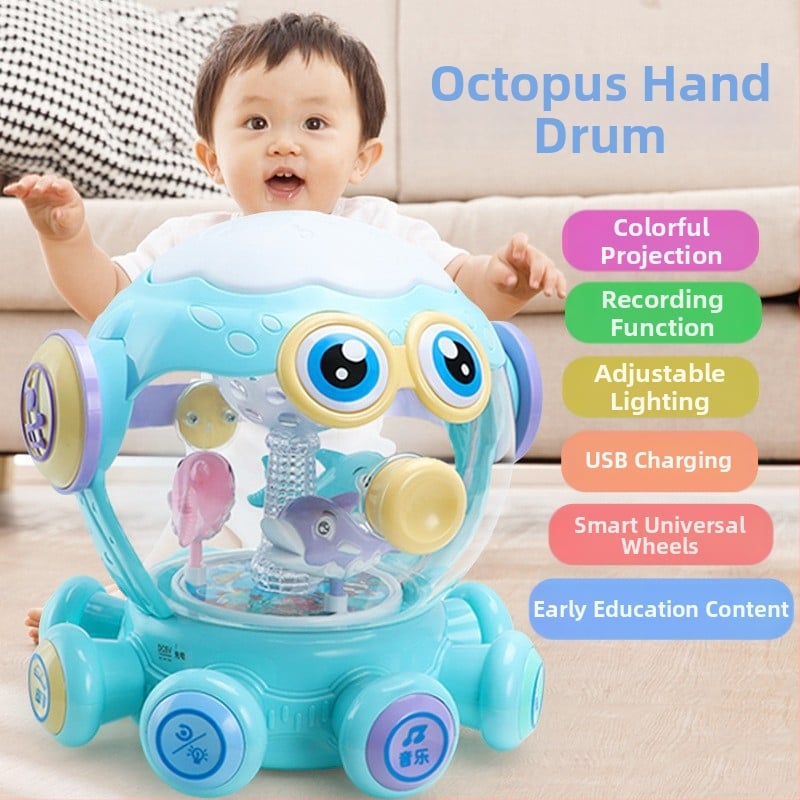 Jucărie interactivă cu caracatiță-puzle, tobă, lumini și muzică – din plastic, pentru copii 4–6 ani – dezvoltă emoțional și cognitiv, coordonarea mână-ochi și auzul; ambalaj într-o cutie colorată