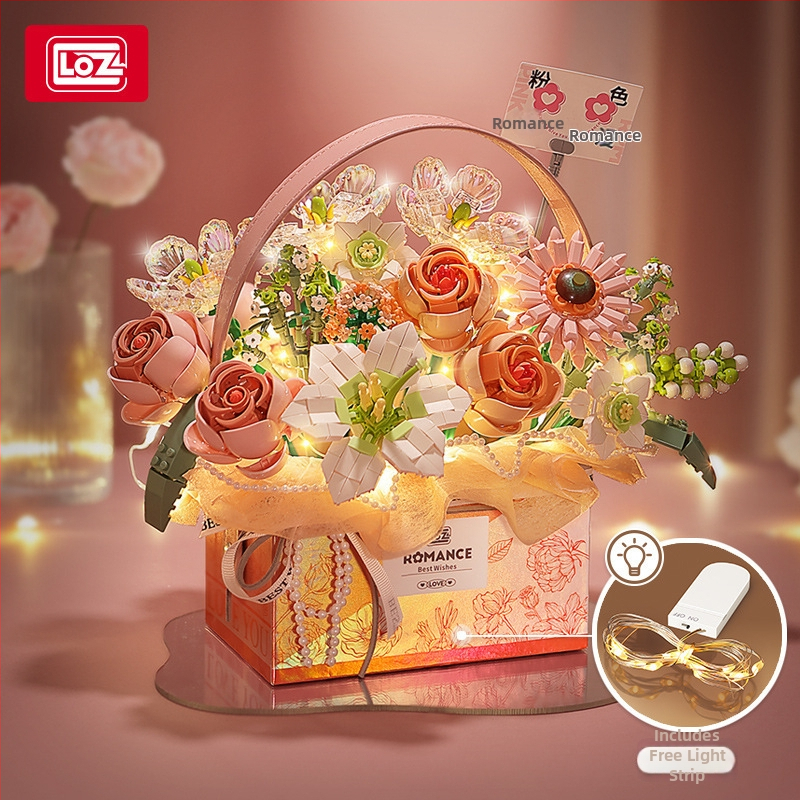 Loz 1951-54 Set de blocuri pentru coș cu flori – peste 800 de piese ABS, DIY buchet cu cutie muzicală, pentru vârsta 14+