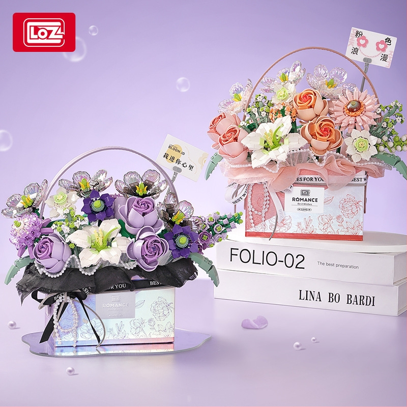Loz 1951-54 Set de blocuri pentru coș cu flori – peste 800 de piese ABS, DIY buchet cu cutie muzicală, pentru vârsta 14+