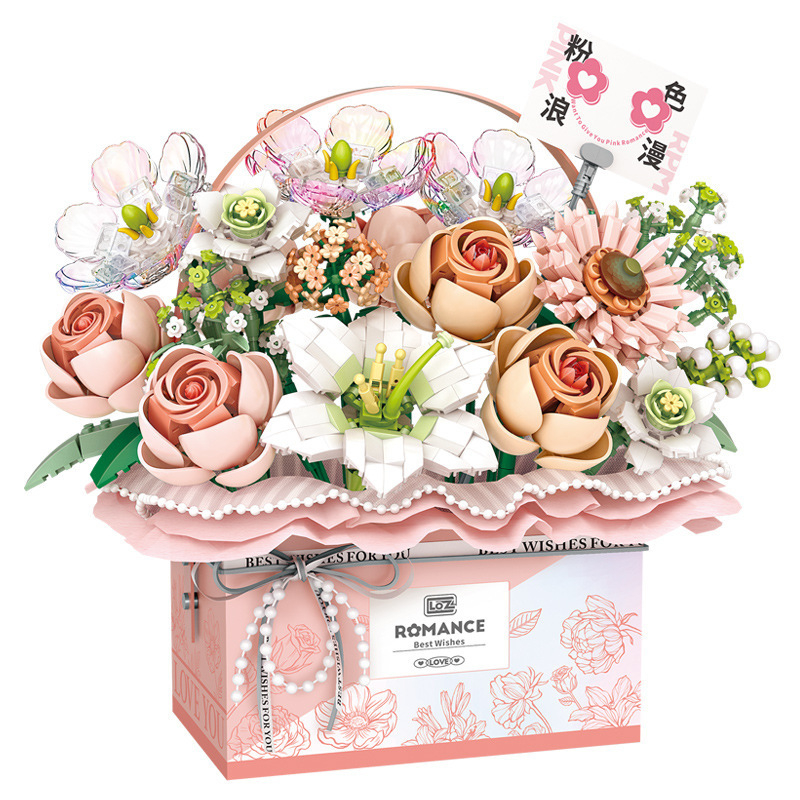 Loz 1951-54 Set de blocuri pentru coș cu flori – peste 800 de piese ABS, DIY buchet cu cutie muzicală, pentru vârsta 14+