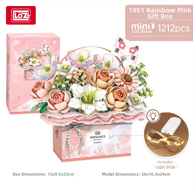 Loz 1951-54 Set de blocuri pentru coș cu flori – peste 800 de piese ABS, DIY buchet cu cutie muzicală, pentru vârsta 14+