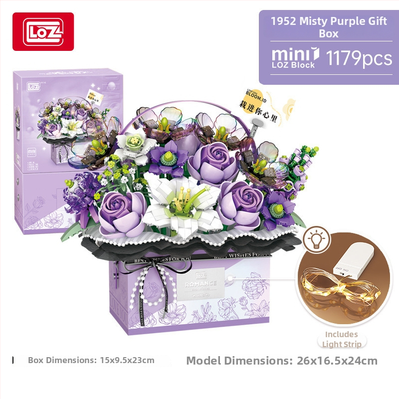 Loz 1951-54 Set de blocuri pentru coș cu flori – peste 800 de piese ABS, DIY buchet cu cutie muzicală, pentru vârsta 14+