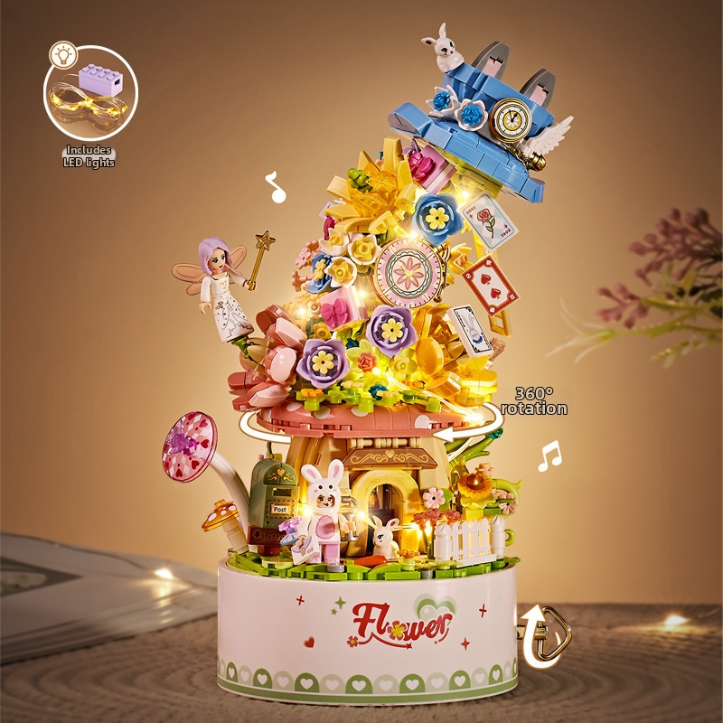 Loz 1951-54 Set de blocuri pentru coș cu flori – peste 800 de piese ABS, DIY buchet cu cutie muzicală, pentru vârsta 14+