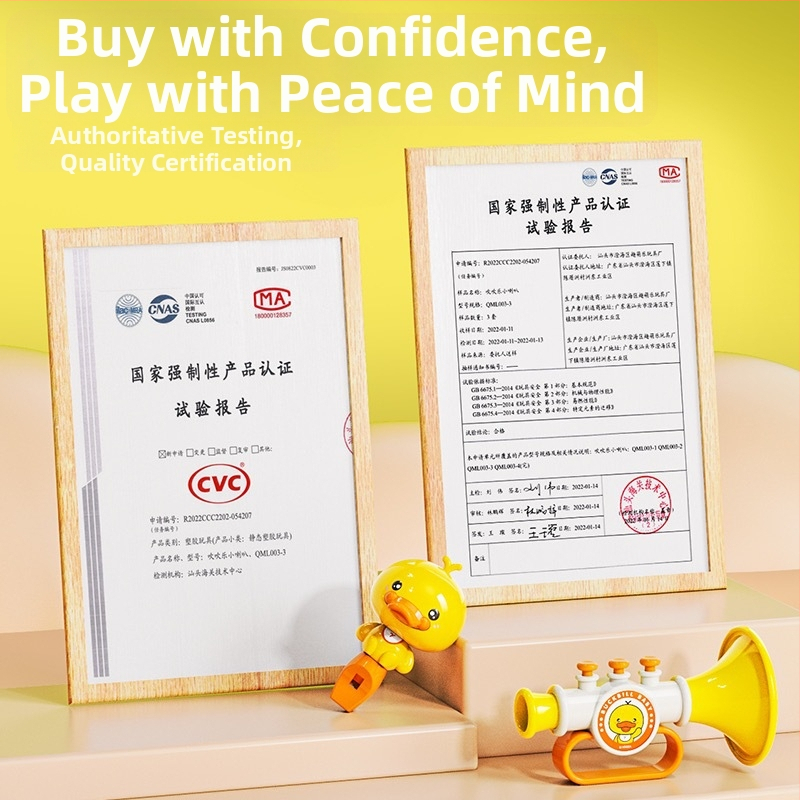 Mini trompetă-jucărie pentru bebeluși, cu rață galbenă – ABS, marcă Zhen Chao, pentru vârsta 0–3 ani, origine China