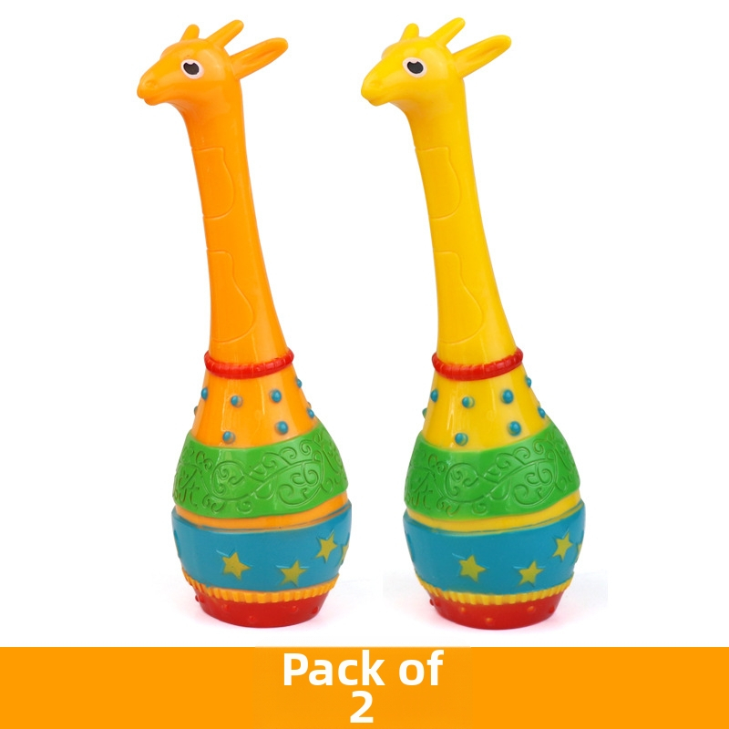 Jucărie de zornăit în formă de girafă pentru copii — instrument de percuție pentru educație timpurie; din plastic; stimulează auzul și coordonarea mână-ochi.