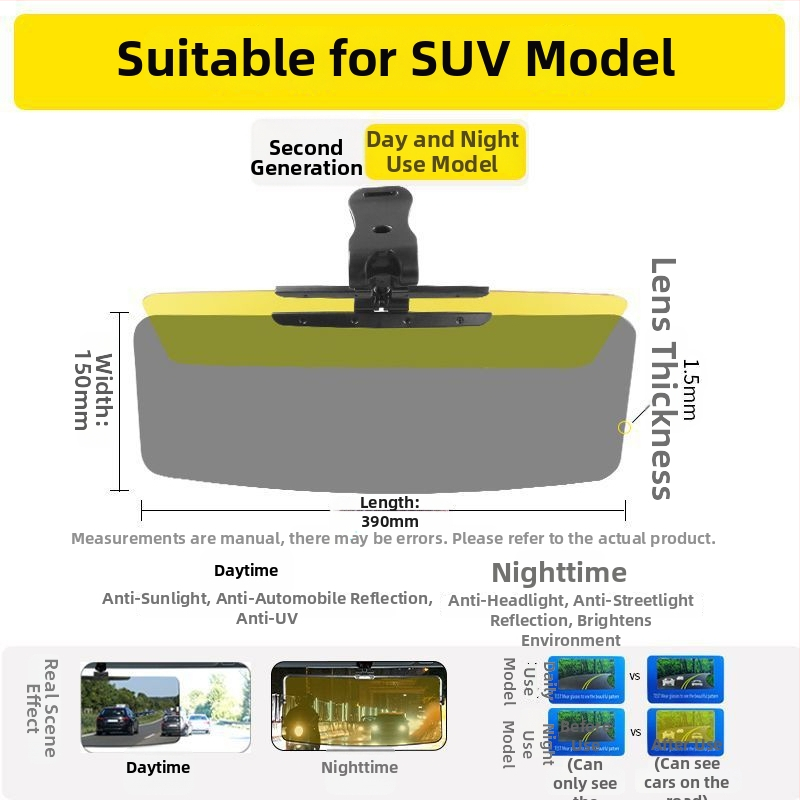 Oglindă auto anti-orbire zi/noapte, parasolar auto, din plastic, montaj încorporat, compatibil universal