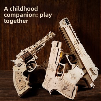 Pistol cu bandă elastică Desert Eagle din lemn – puzzle 3D de asamblat, DIY, desene personalizabile, jucărie educațională din lemn pentru 7–14 ani
