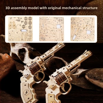 Pistol cu bandă elastică Desert Eagle din lemn – puzzle 3D de asamblat, DIY, desene personalizabile, jucărie educațională din lemn pentru 7–14 ani