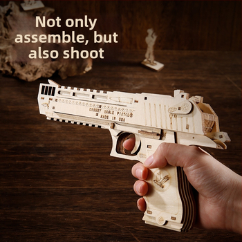 Pistol cu bandă elastică Desert Eagle din lemn – puzzle 3D de asamblat, DIY, desene personalizabile, jucărie educațională din lemn pentru 7–14 ani