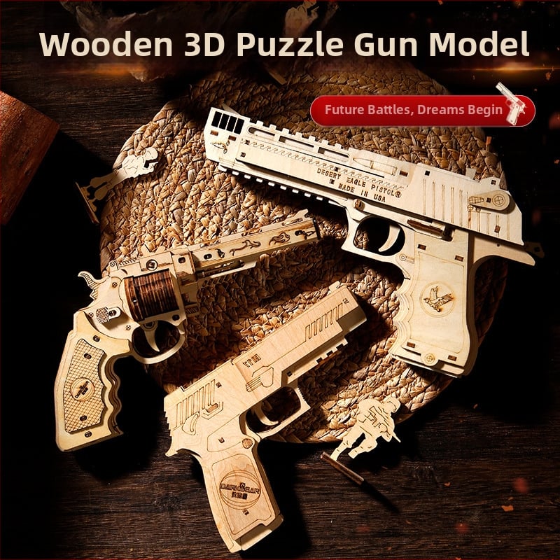 Pistol cu bandă elastică Desert Eagle din lemn – puzzle 3D de asamblat, DIY, desene personalizabile, jucărie educațională din lemn pentru 7–14 ani