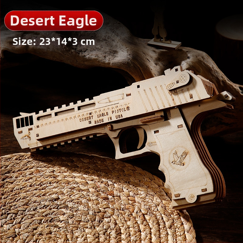 Pistol cu bandă elastică Desert Eagle din lemn – puzzle 3D de asamblat, DIY, desene personalizabile, jucărie educațională din lemn pentru 7–14 ani