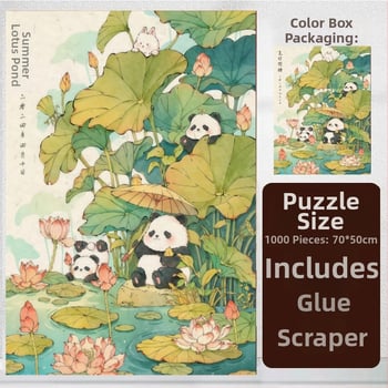 Puzzle 1000 de piese cu panda desen animat într-un iaz cu lotus, puzzle plat, 14+
