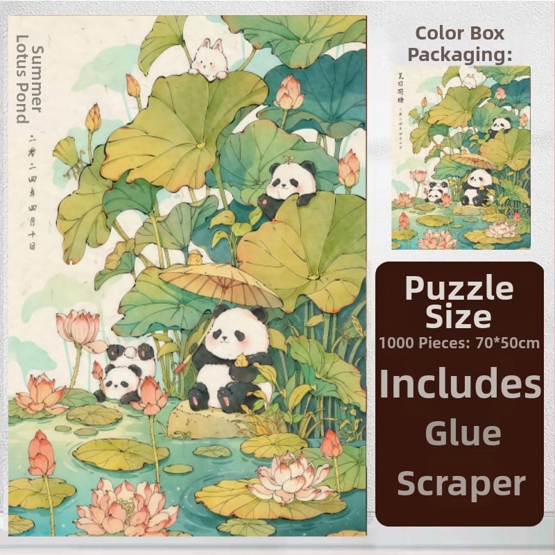 Puzzle 1000 de piese cu panda desen animat într-un iaz cu lotus, puzzle plat, 14+