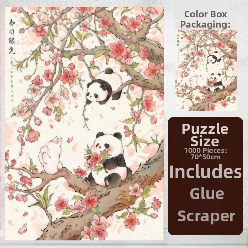 Puzzle 1000 de piese cu panda desen animat într-un iaz cu lotus, puzzle plat, 14+