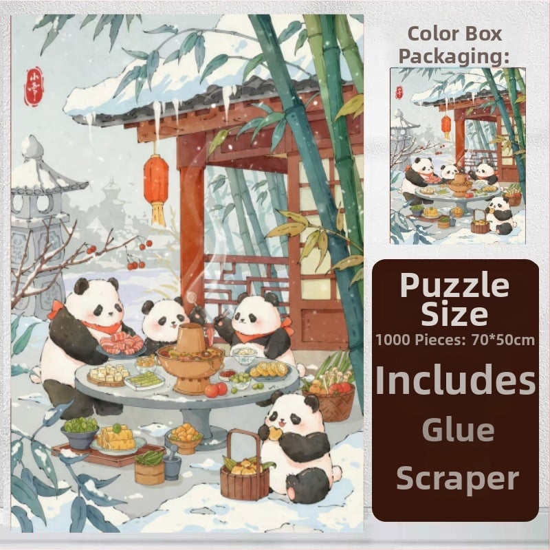 Puzzle 1000 de piese cu panda desen animat într-un iaz cu lotus, puzzle plat, 14+
