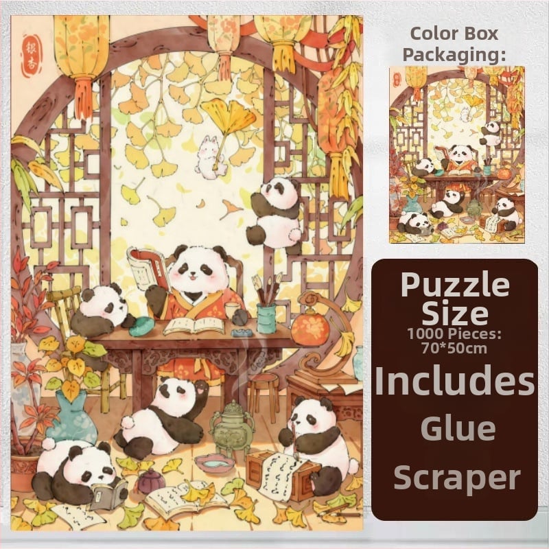 Puzzle 1000 de piese cu panda desen animat într-un iaz cu lotus, puzzle plat, 14+