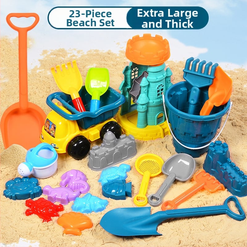 Set de jucării pentru plajă pentru copii: unelte din plastic pentru nisip, inclusiv o lopățică și o găleată; joacă în nisip; ambalaj într-o pungă din plasă; potrivit pentru 4–6 ani.