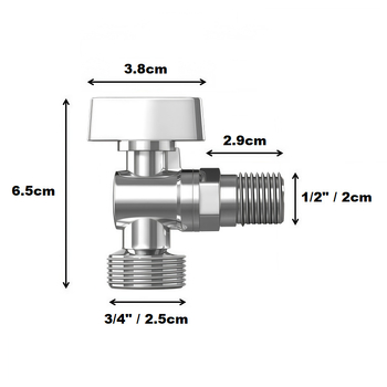 Kutni vodovodni ventil od zinkovog legura, navoji 1/2×3/4, radna temperatura 10–80°C, unutarnji promjer 20×25 mm