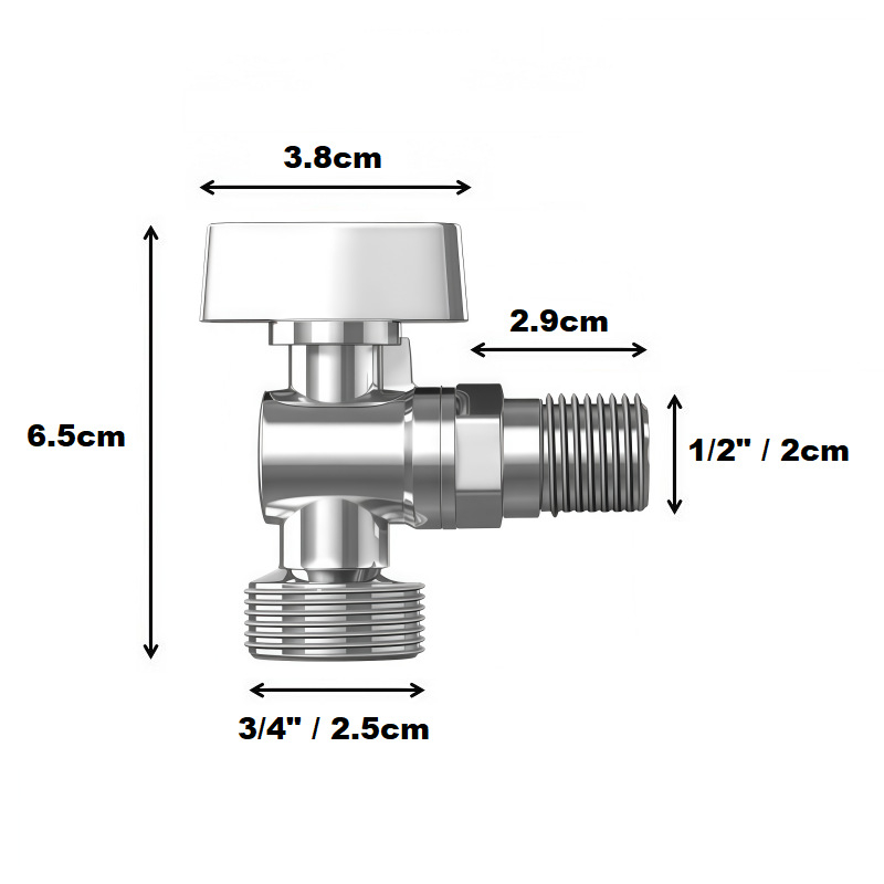 Kutni vodovodni ventil od zinkovog legura, navoji 1/2×3/4, radna temperatura 10–80°C, unutarnji promjer 20×25 mm