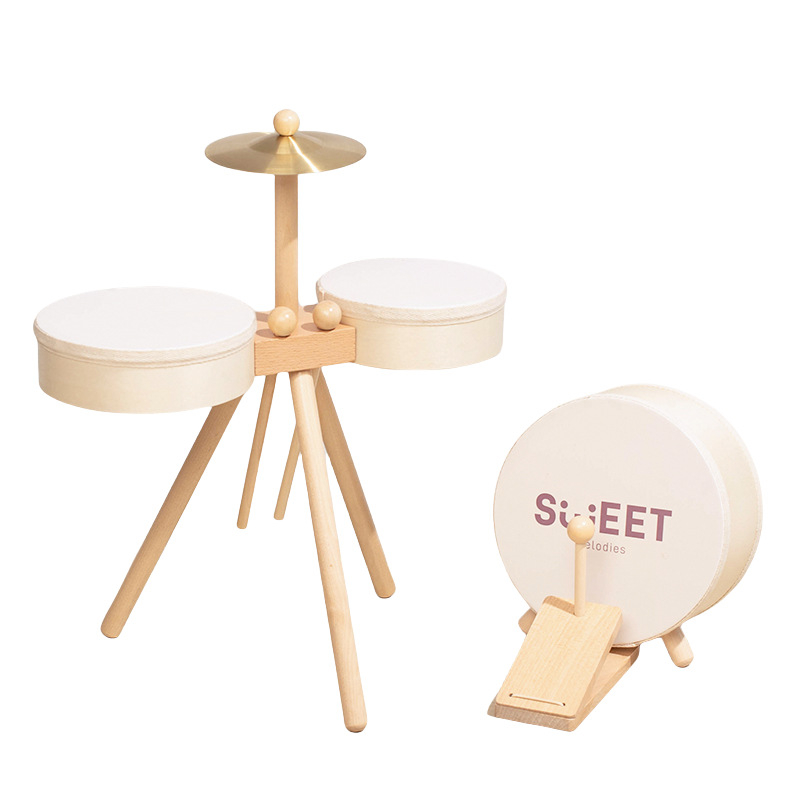 Set de tobe cu pedale din lemn pentru copii 4–6 ani, bază rotundă din lemn cu suport, Jucărie muzicală de percuție Montessori