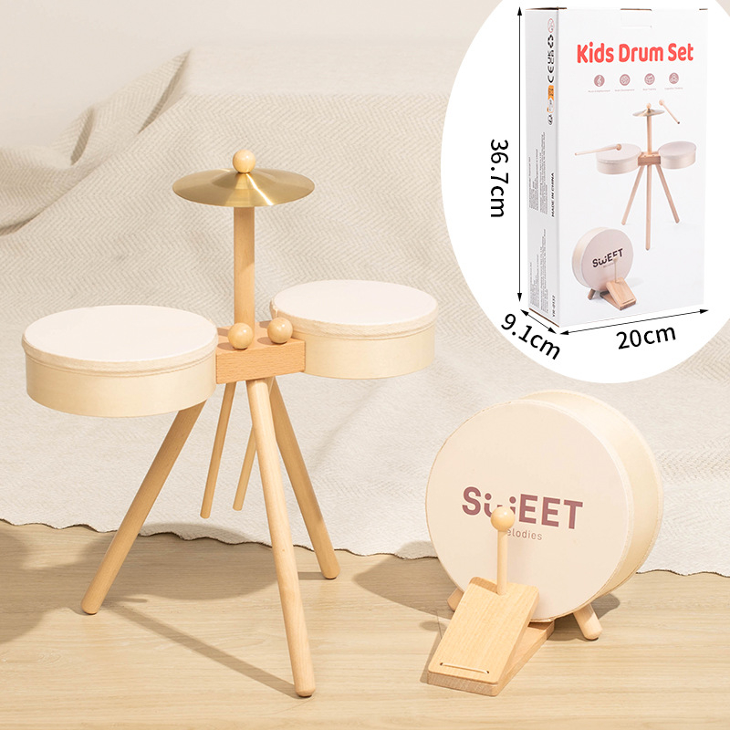 Set de tobe cu pedale din lemn pentru copii 4–6 ani, bază rotundă din lemn cu suport, Jucărie muzicală de percuție Montessori