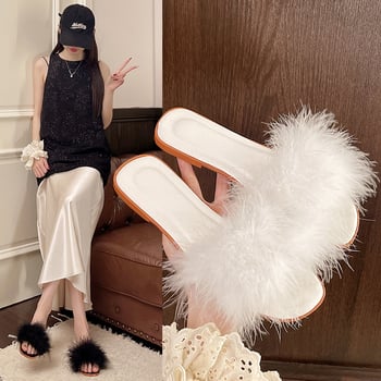 Papuci de mireasă cu pene, partea superioară PU, talpă din cauciuc, căptușeală din piele sintetică, model uni, rezistente la uzură