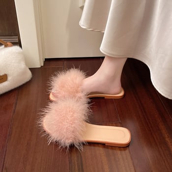 Papuci de mireasă cu pene, partea superioară PU, talpă din cauciuc, căptușeală din piele sintetică, model uni, rezistente la uzură