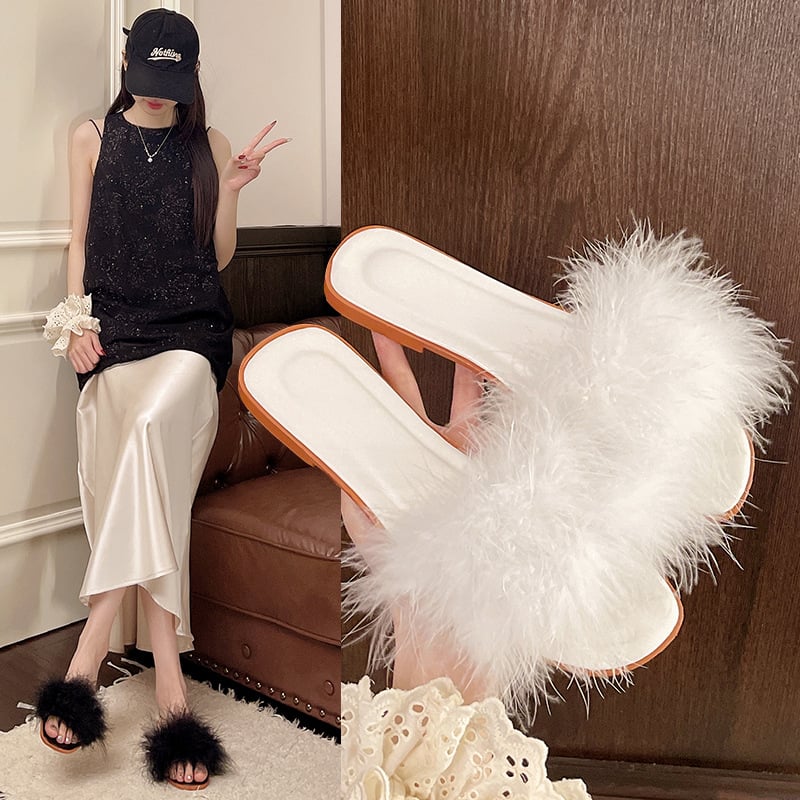 Papuci de mireasă cu pene, partea superioară PU, talpă din cauciuc, căptușeală din piele sintetică, model uni, rezistente la uzură