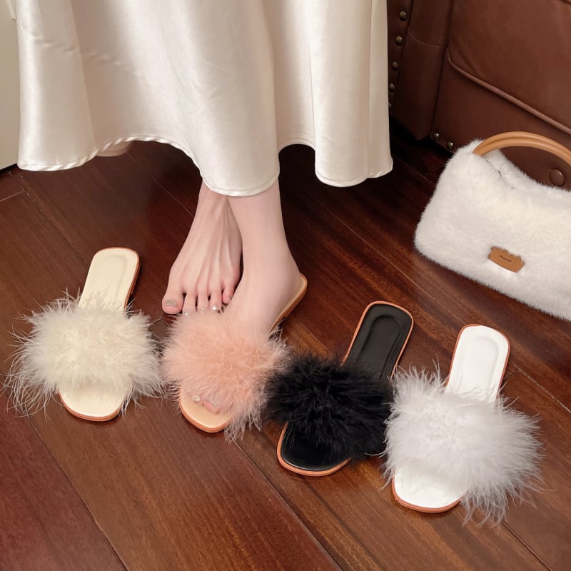 Papuci de mireasă cu pene, partea superioară PU, talpă din cauciuc, căptușeală din piele sintetică, model uni, rezistente la uzură