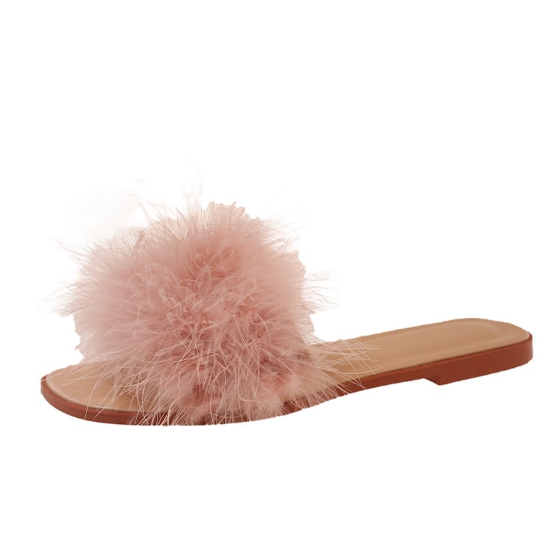 Papuci de mireasă cu pene, partea superioară PU, talpă din cauciuc, căptușeală din piele sintetică, model uni, rezistente la uzură